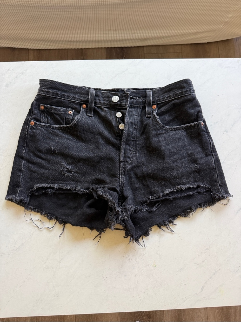 Black Distressed Denim Women’s Shorts- Levi 501